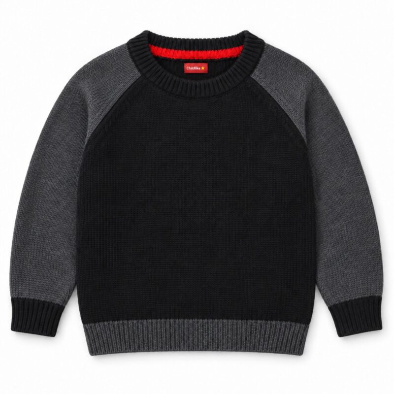 Front view of the Raglan Everyday Sweater children’s knitted sweater with black body, charcoal-grey raglan sleeves and ribbed neckline, cuffs and hem.