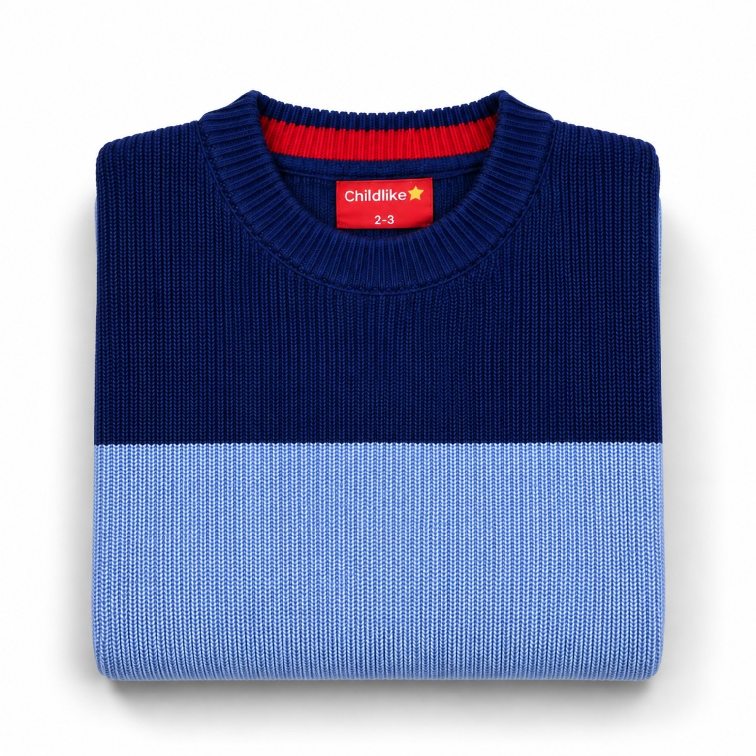 Folded Colorblock Sporty Sweater kids’ sweater showing the navy upper panel, powder-blue lower panel and crew neckline with red inner stripe.