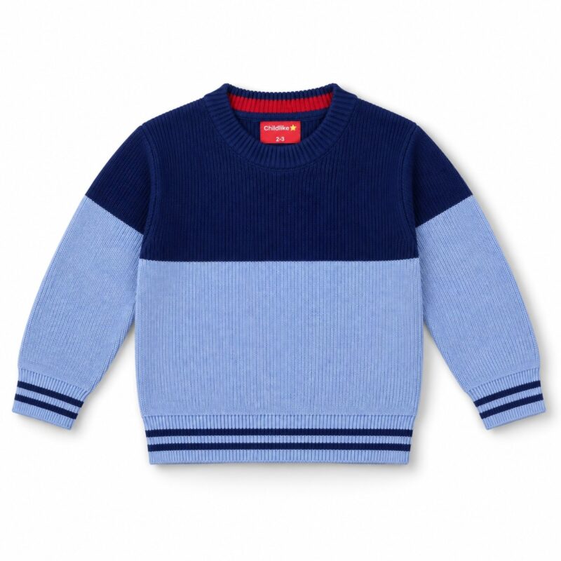 Front view of the Colorblock Sporty Sweater kids’ knitted sweater with navy upper body, powder-blue lower body and sleeves, and navy-striped ribbed cuffs and hem.