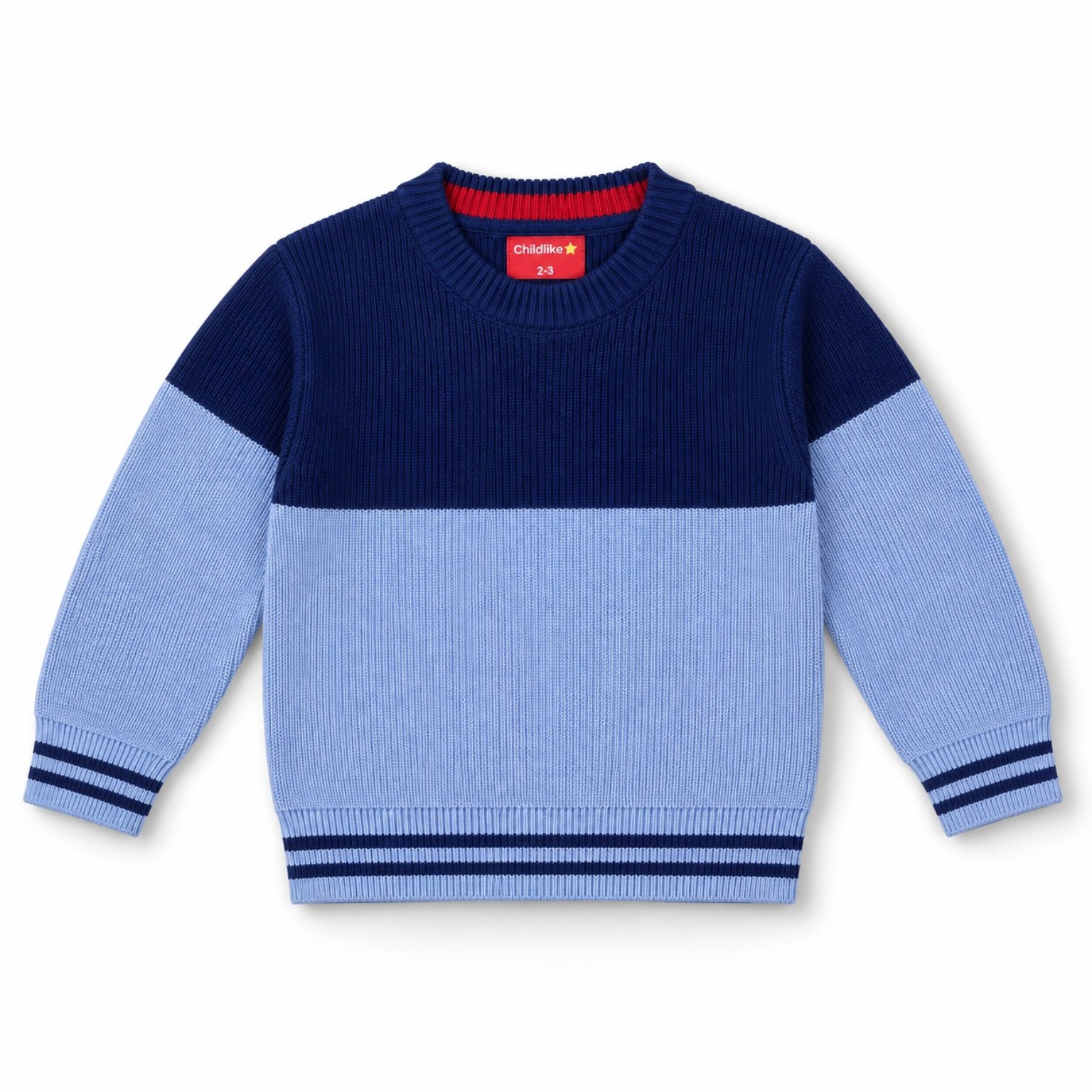 Front view of the Colorblock Sporty Sweater kids’ knitted sweater with navy upper body, powder-blue lower body and sleeves, and navy-striped ribbed cuffs and hem.