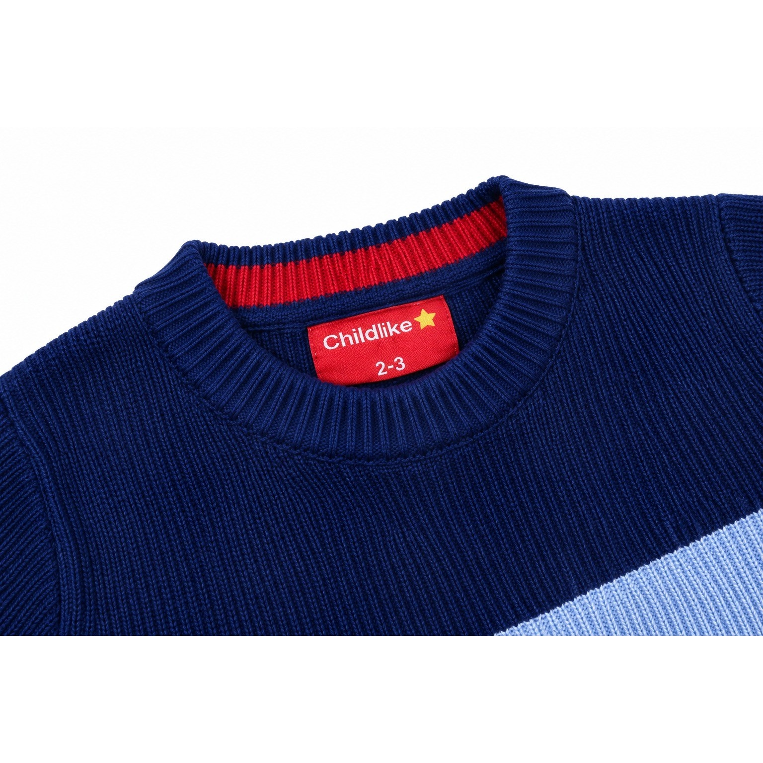 Close-up of the Colorblock Sporty Sweater sweater’s navy ribbed crew neckline, red inner stripe and Childlike label.