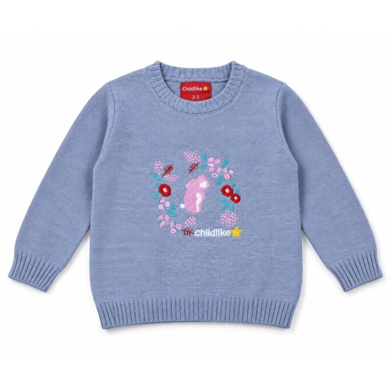 Front view of a grey-blue children’s knitted sweater with a pink rabbit, colourful floral embroidery and ribbed neckline, cuffs and hem.
