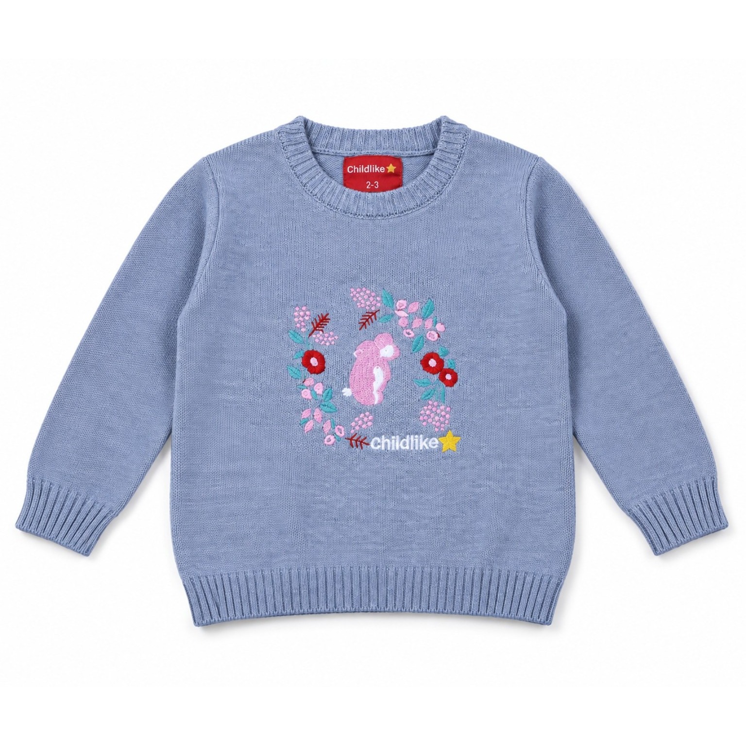 Front view of a grey-blue children’s knitted sweater with a pink rabbit, colourful floral embroidery and ribbed neckline, cuffs and hem.