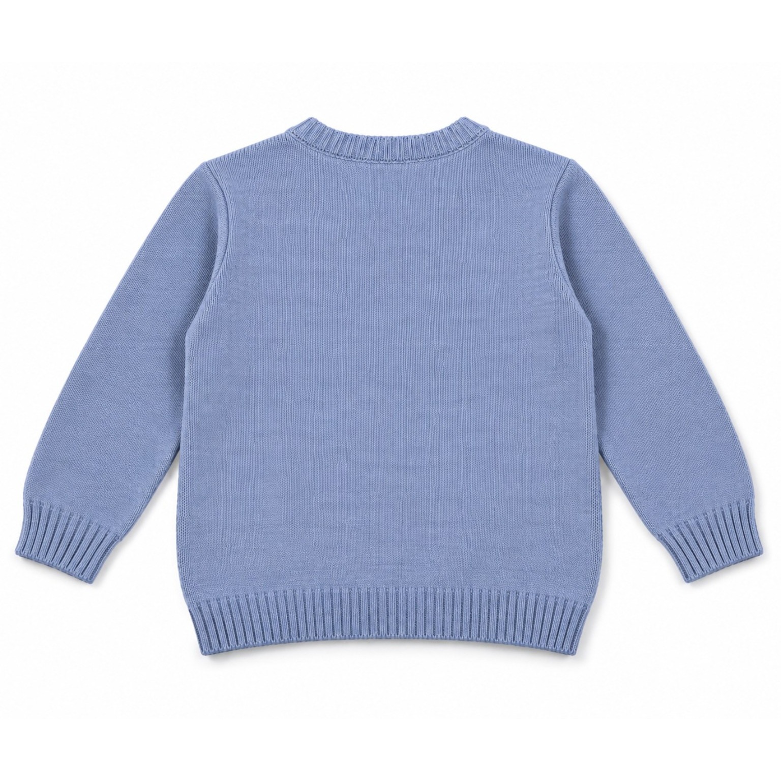 Back view of the plain grey-blue Bunny Garden Embroidered Sweater children’s knitted sweater with long sleeves and ribbed edges.
