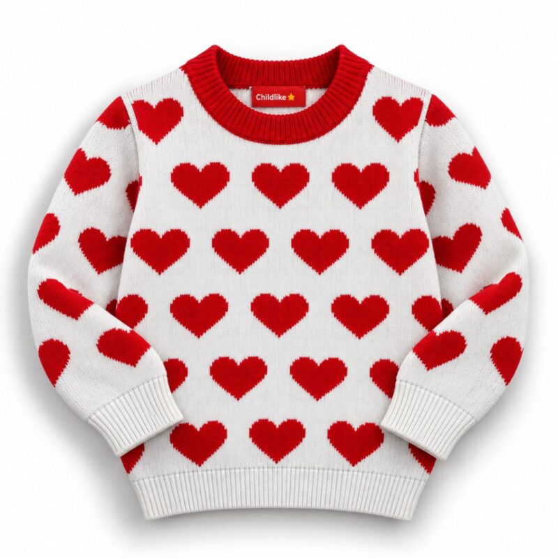Nini Nino Heart Jacquard Sweater front view with cream knit, red hearts and a red ribbed crew neckline.