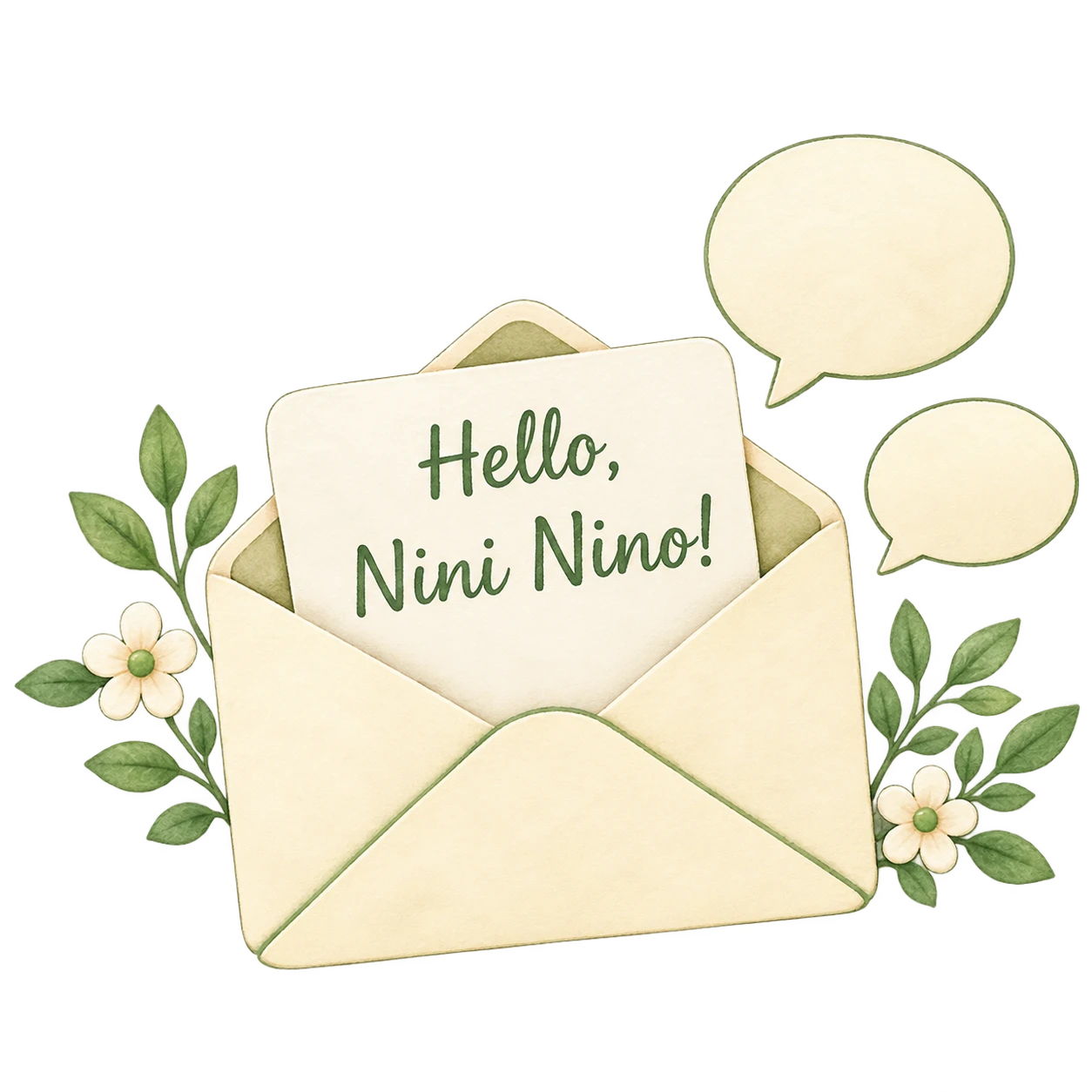 Cream envelope with a letter reading "Hello, Nini Nino!", flowers and speech bubbles.